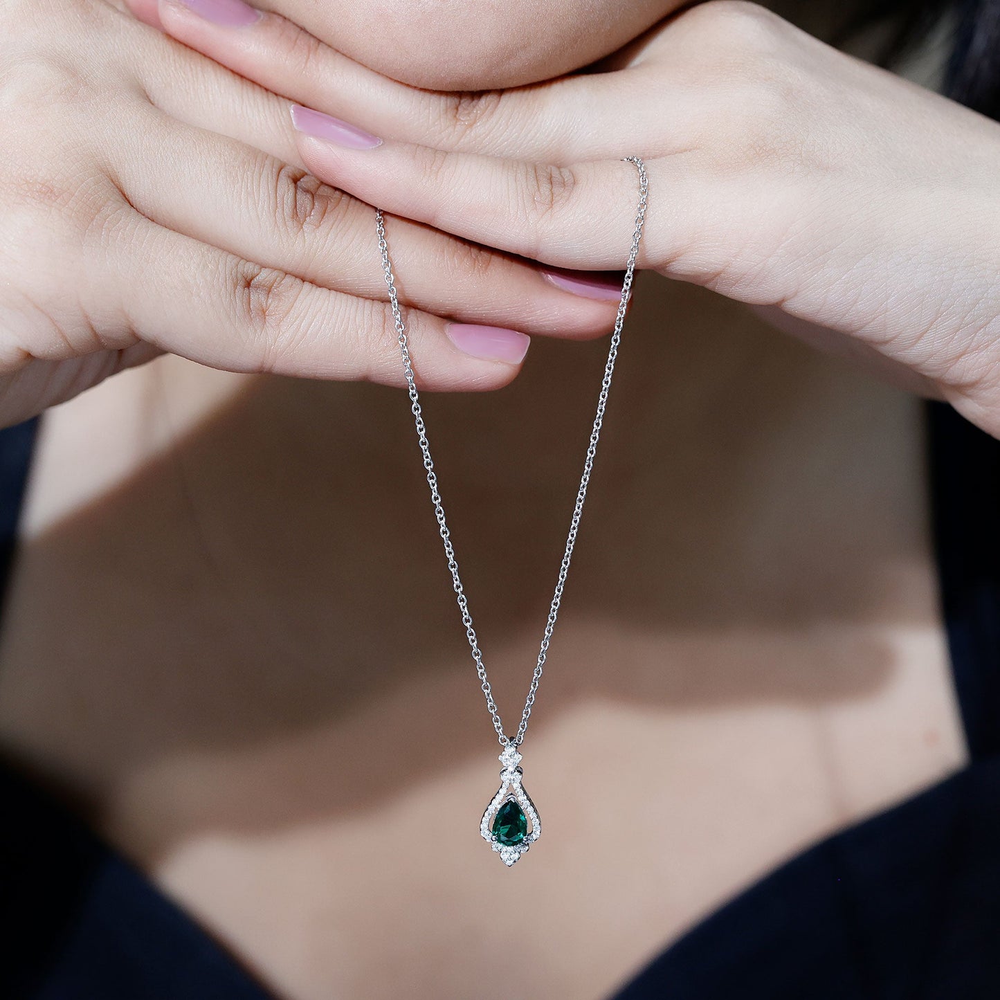 Vintage Inspired Lab Grown Emerald 0.75 Carat Bridal Necklace with Silver Chain
