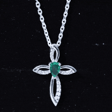 Pear Cut Emerald Cross Pendant With Lab Grown Diamond