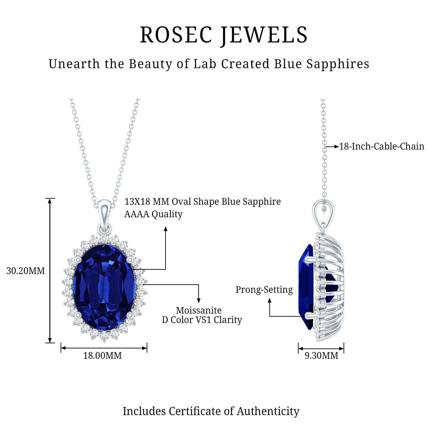 Certified 14 Carat Lab Grown Blue Sapphire Bridal Necklace With Silver Chain