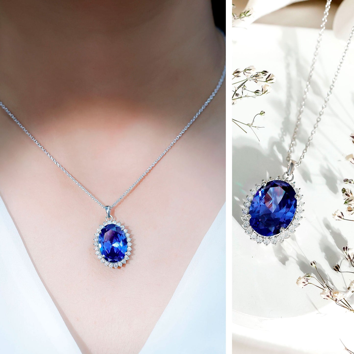 Certified 14 Carat Lab Grown Blue Sapphire Bridal Necklace With Silver Chain