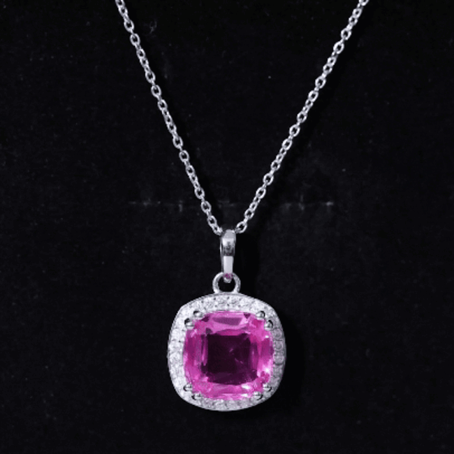 6 Carat Lab Grown Pink Sapphire Cocktail Necklace With Silver Chain
