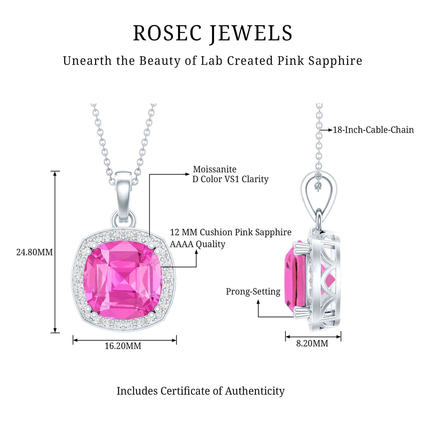 6 Carat Lab Grown Pink Sapphire Cocktail Necklace With Silver Chain