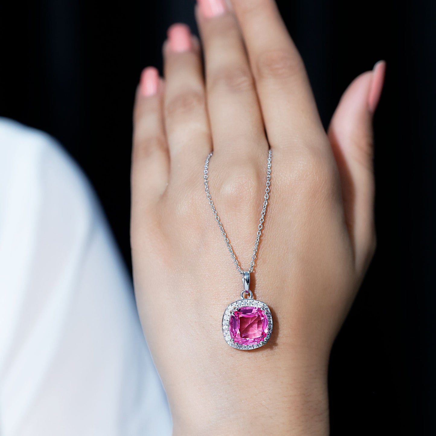 6 Carat Lab Grown Pink Sapphire Cocktail Necklace With Silver Chain