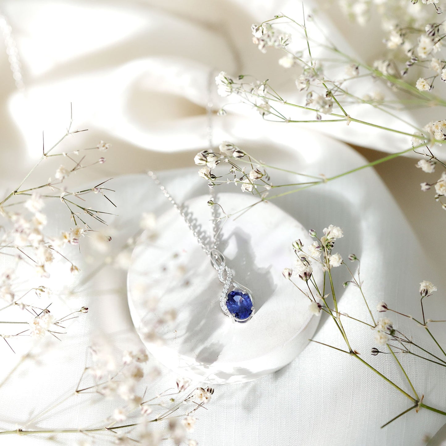 Lab Grown 1.5 Carat Blue Sapphire Infinity Pendant Necklace with Silver Chain