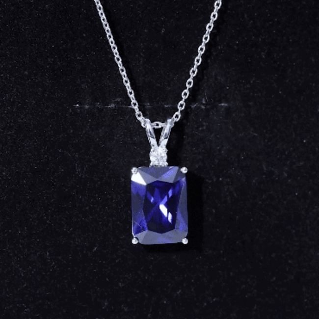 9 Carat Emerald Cut Lab Grown Blue Sapphire Solitaire Necklace With Silver Chain