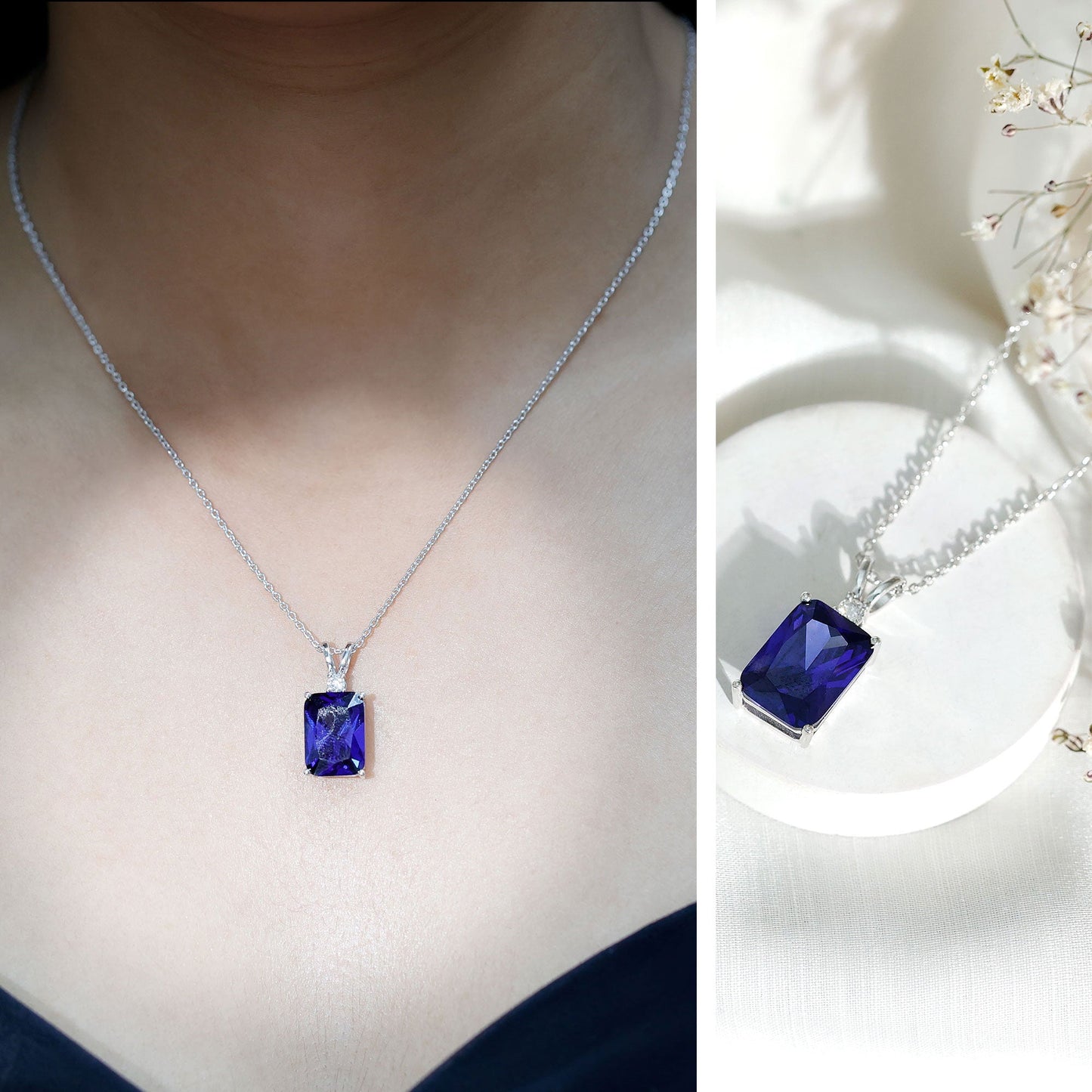 9 Carat Emerald Cut Lab Grown Blue Sapphire Solitaire Necklace With Silver Chain