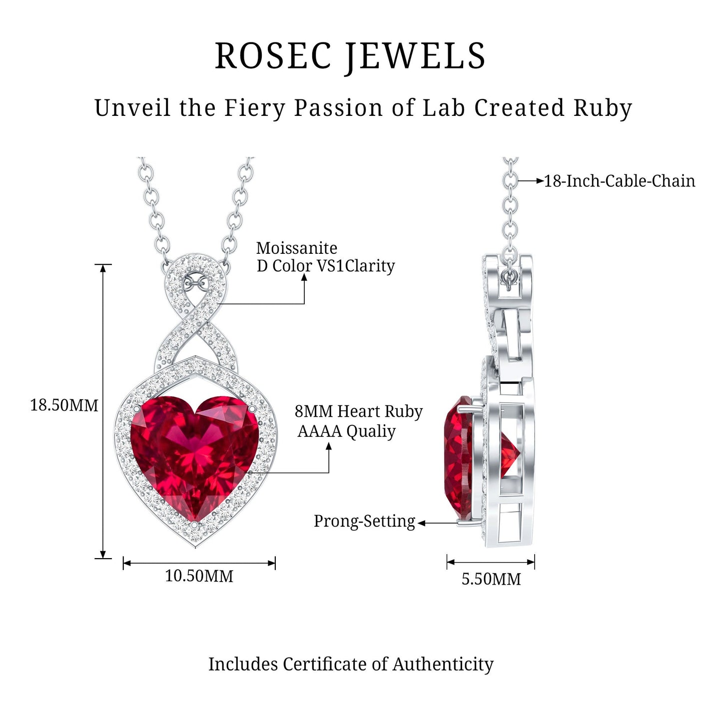 AAAA Quality 2 Carat Lab Grown Ruby Heart Infinity Necklace with Silver Chain