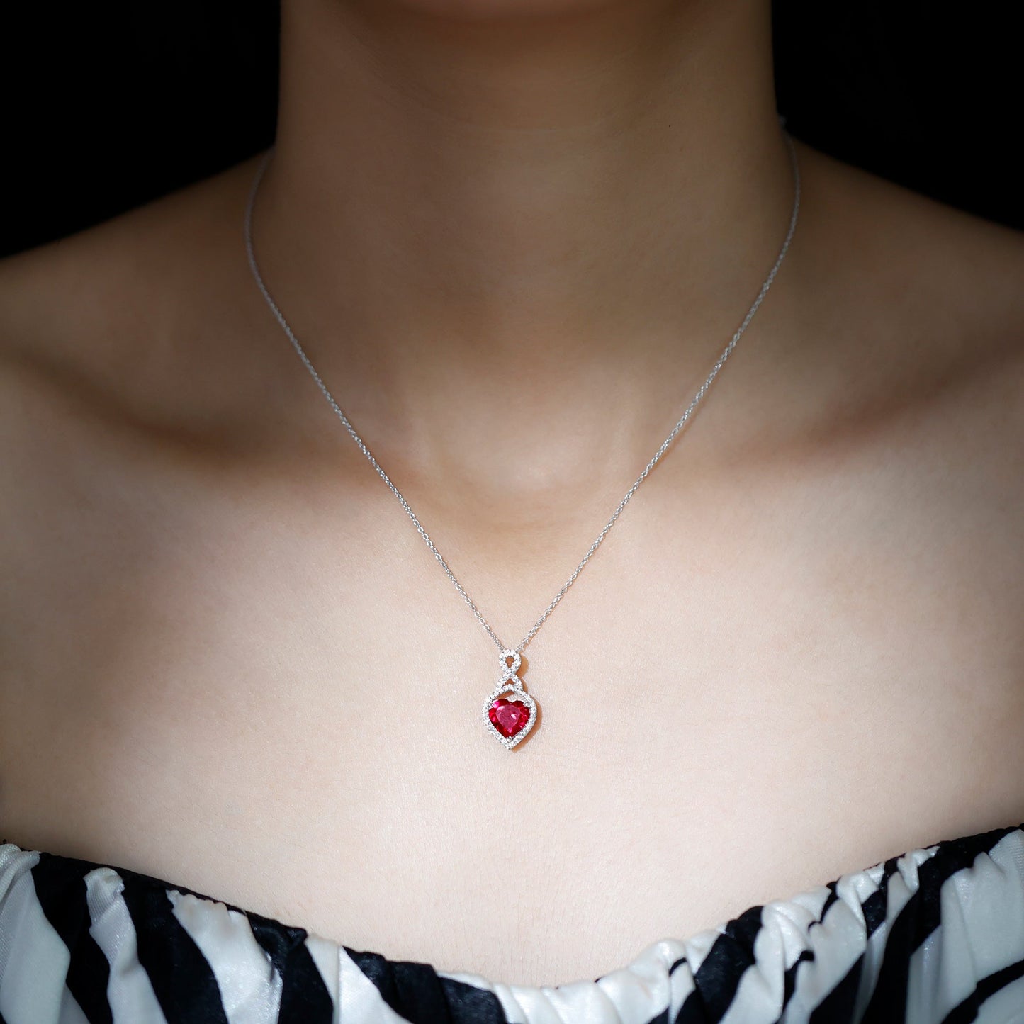 AAAA Quality 2 Carat Lab Grown Ruby Heart Infinity Necklace with Silver Chain