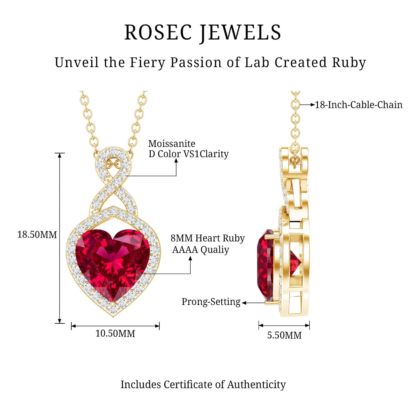 Certified Lab Created Ruby Heart Infinity Necklace With Chain