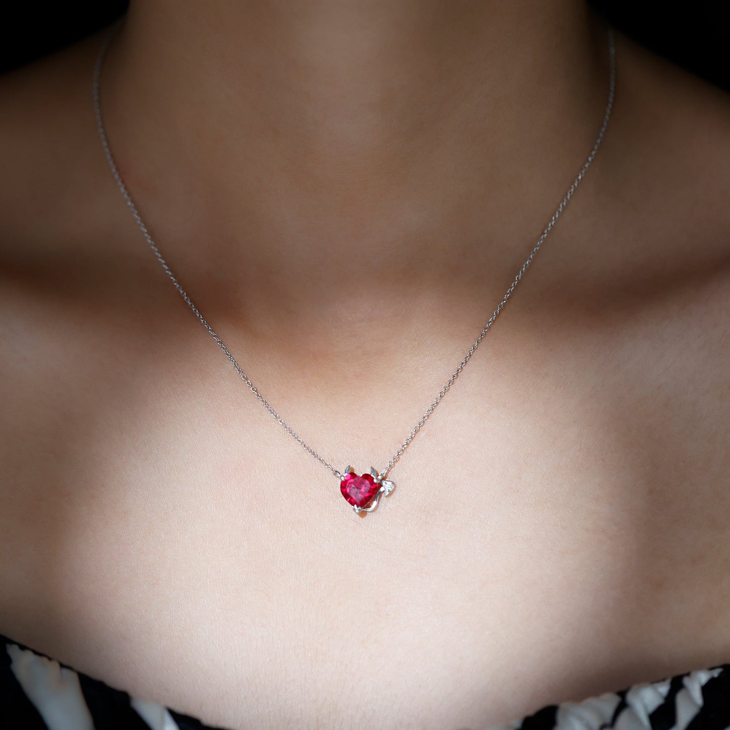 Lab Grown Ruby Devil Heart Necklace with Diamond