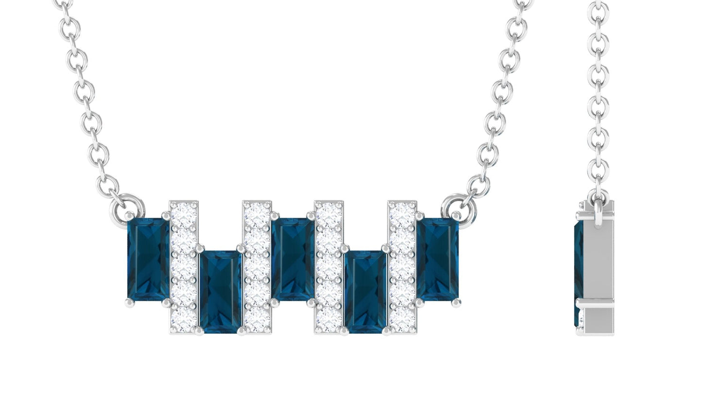 Baguette Cut London Blue Topaz and Diamond Bar Necklace