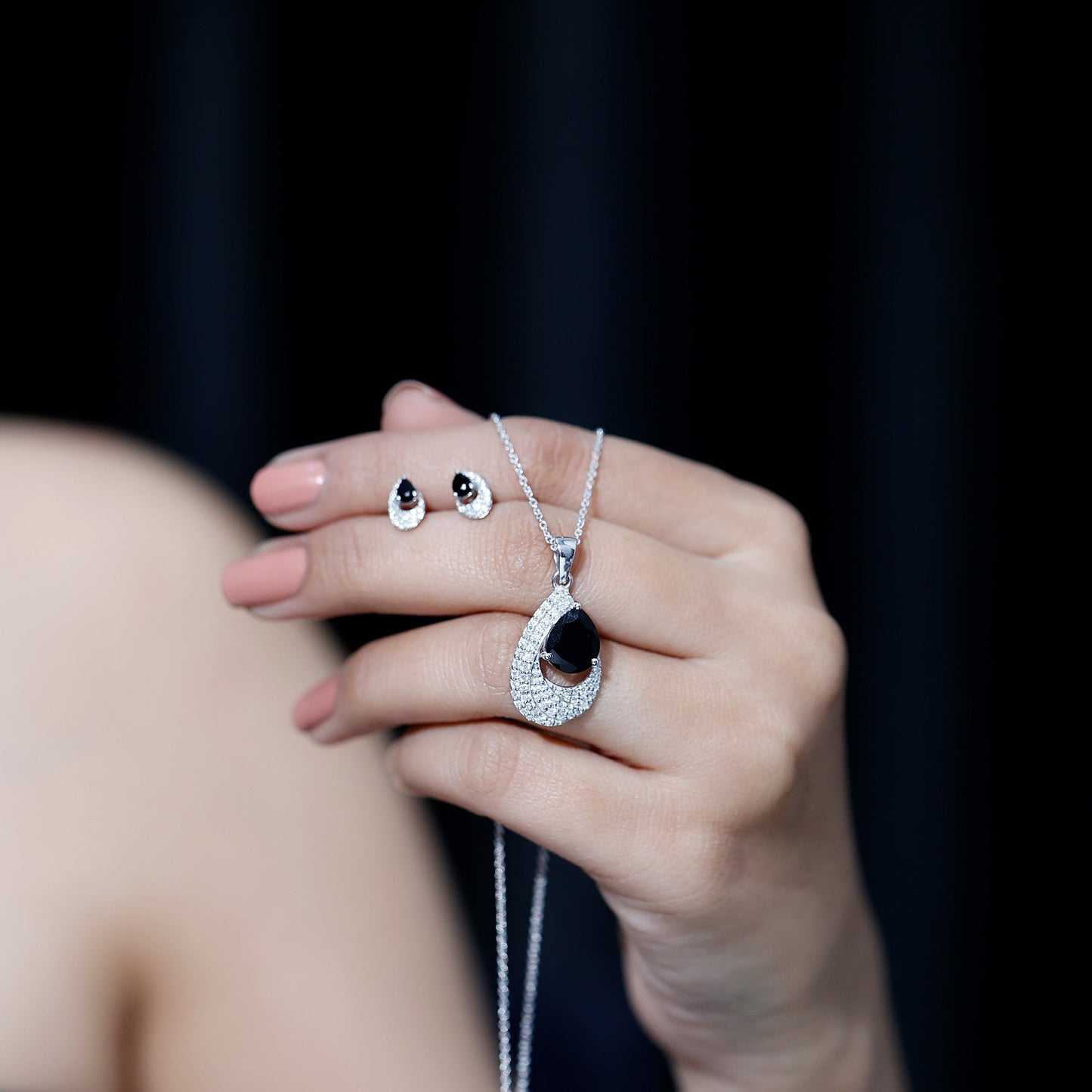 Natural Black Onyx Teardrop Necklace and Earrings Set with Certificate