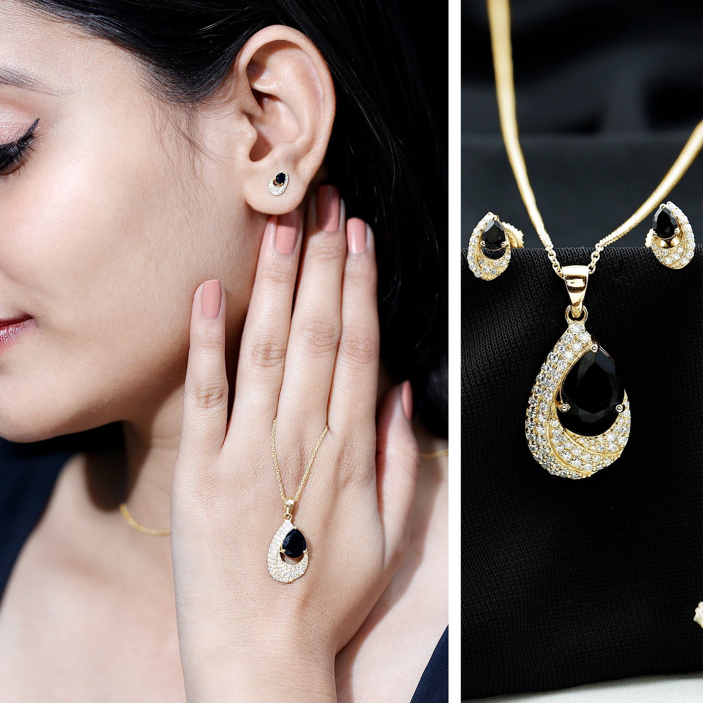 Natural Black Onyx Teardrop Necklace and Earrings Set with Certificate