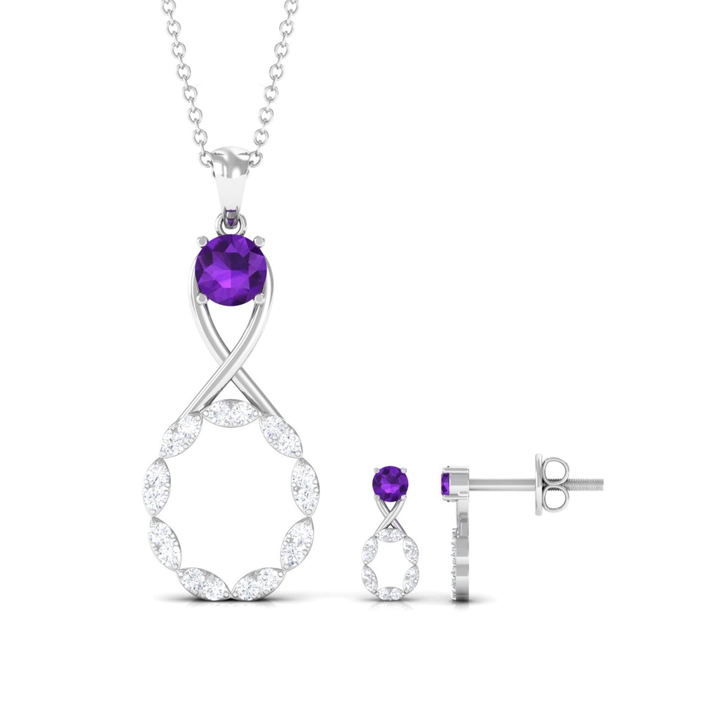 Natural Amethyst Diamond Infinity Necklace and Earrings Set