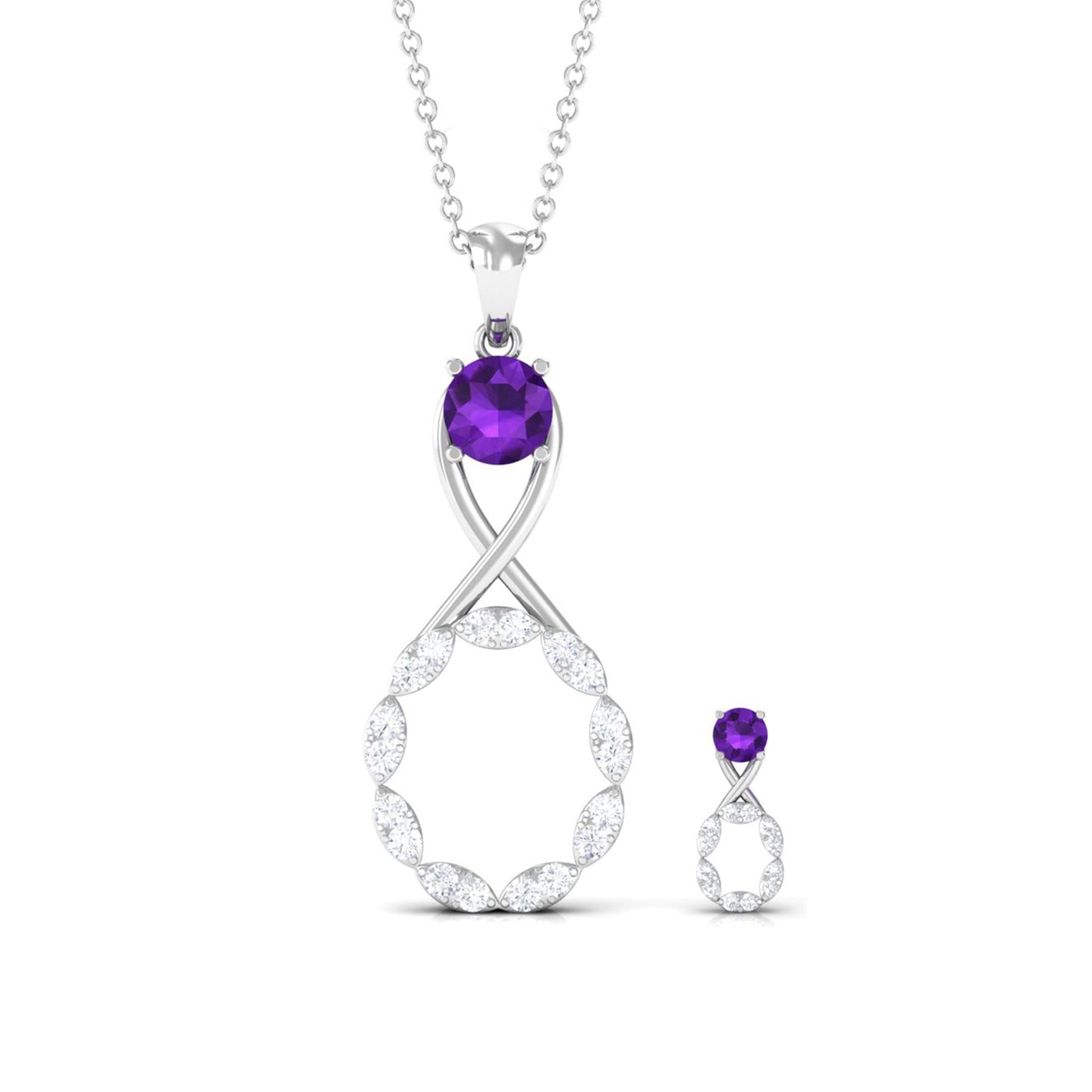 Natural Amethyst Diamond Infinity Necklace and Earrings Set
