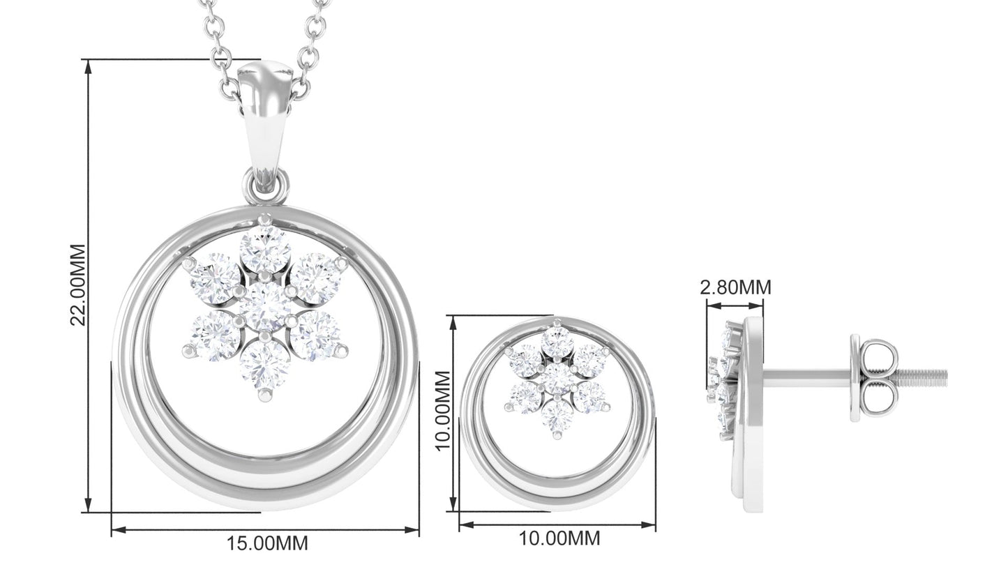 Real Diamond Floral Pendant Necklace and Stud Earring Set