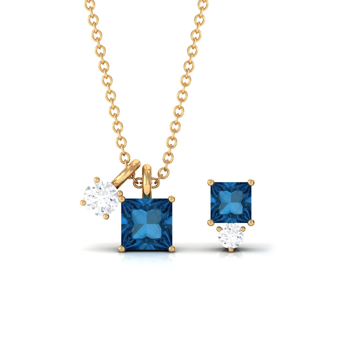 Real London Blue Topaz and Moissanite Two Stone Pendant Earrings Set