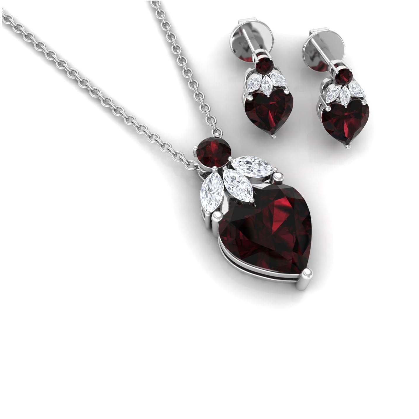Heart Garnet Necklace and Earrings Set with Diamond