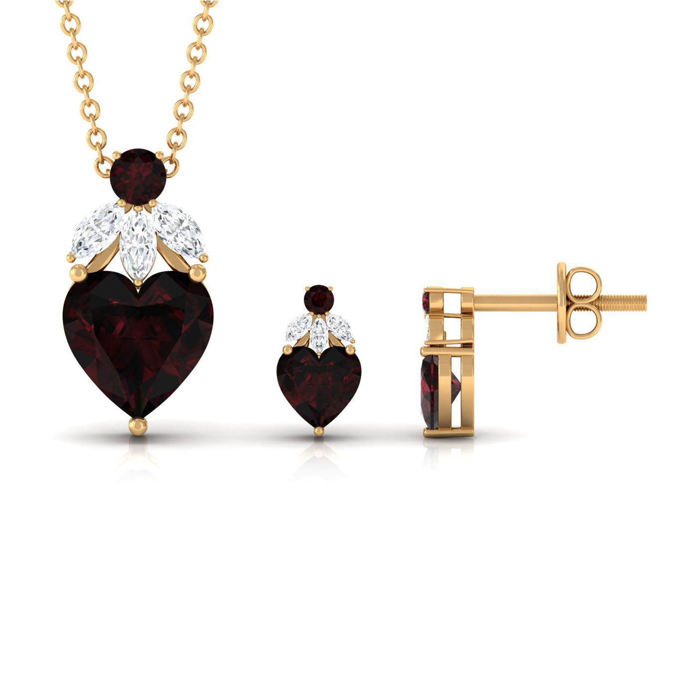 Heart Garnet Necklace and Earrings Set with Diamond