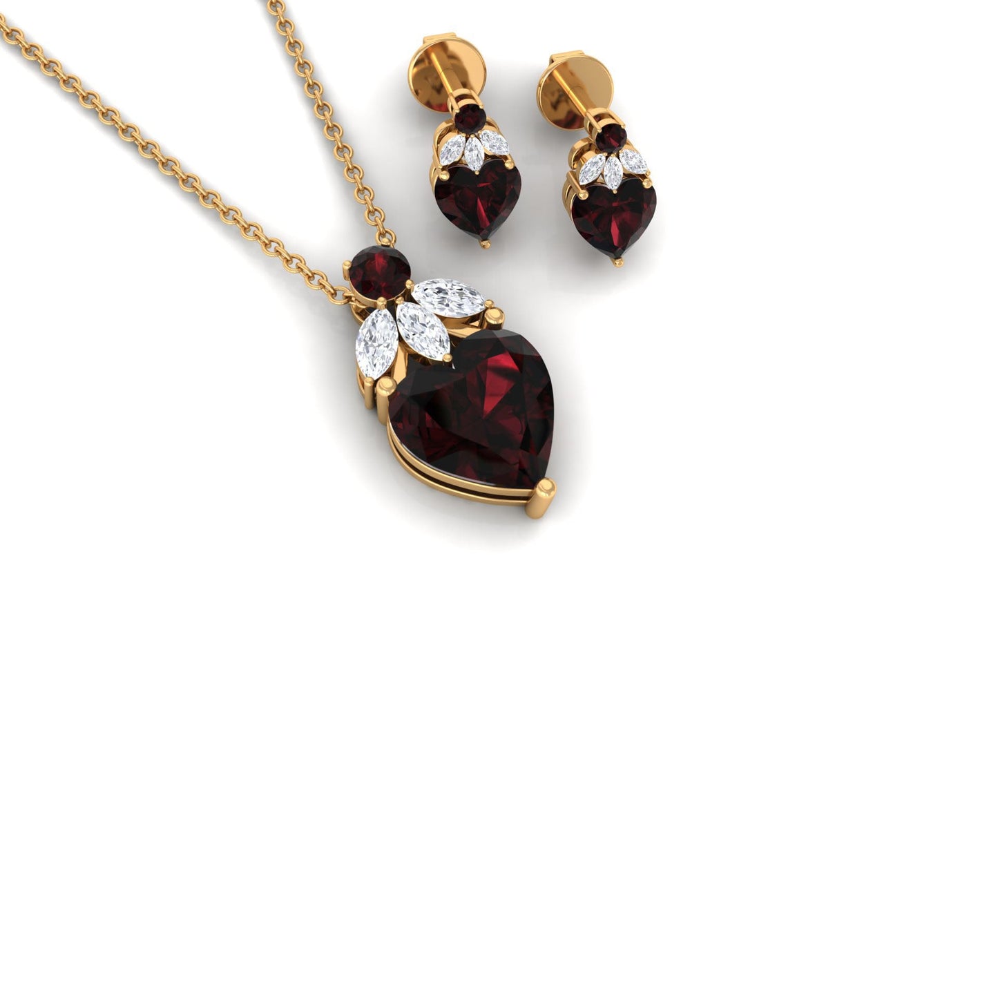Heart Garnet Necklace and Earrings Set with Diamond