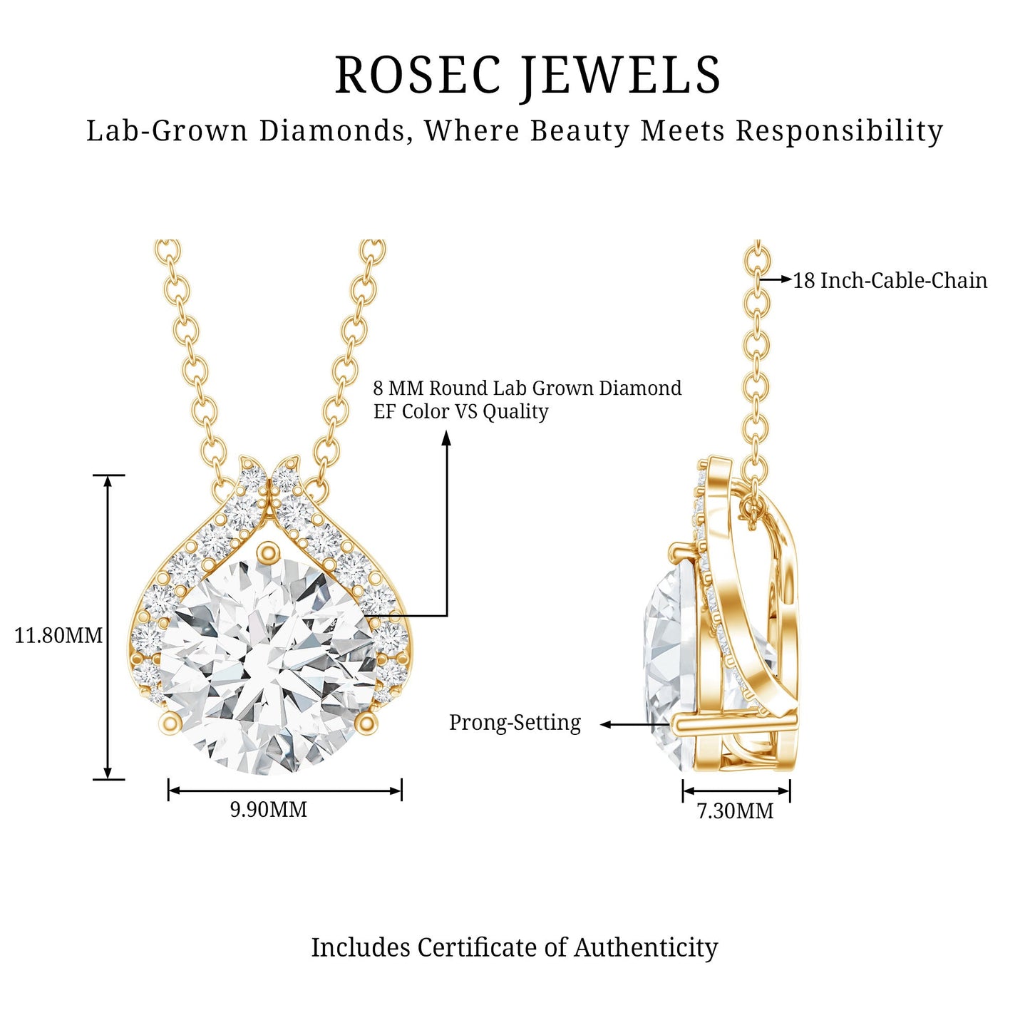 Certified 2 Carat Round Lab Grown Diamond Bridal Necklace