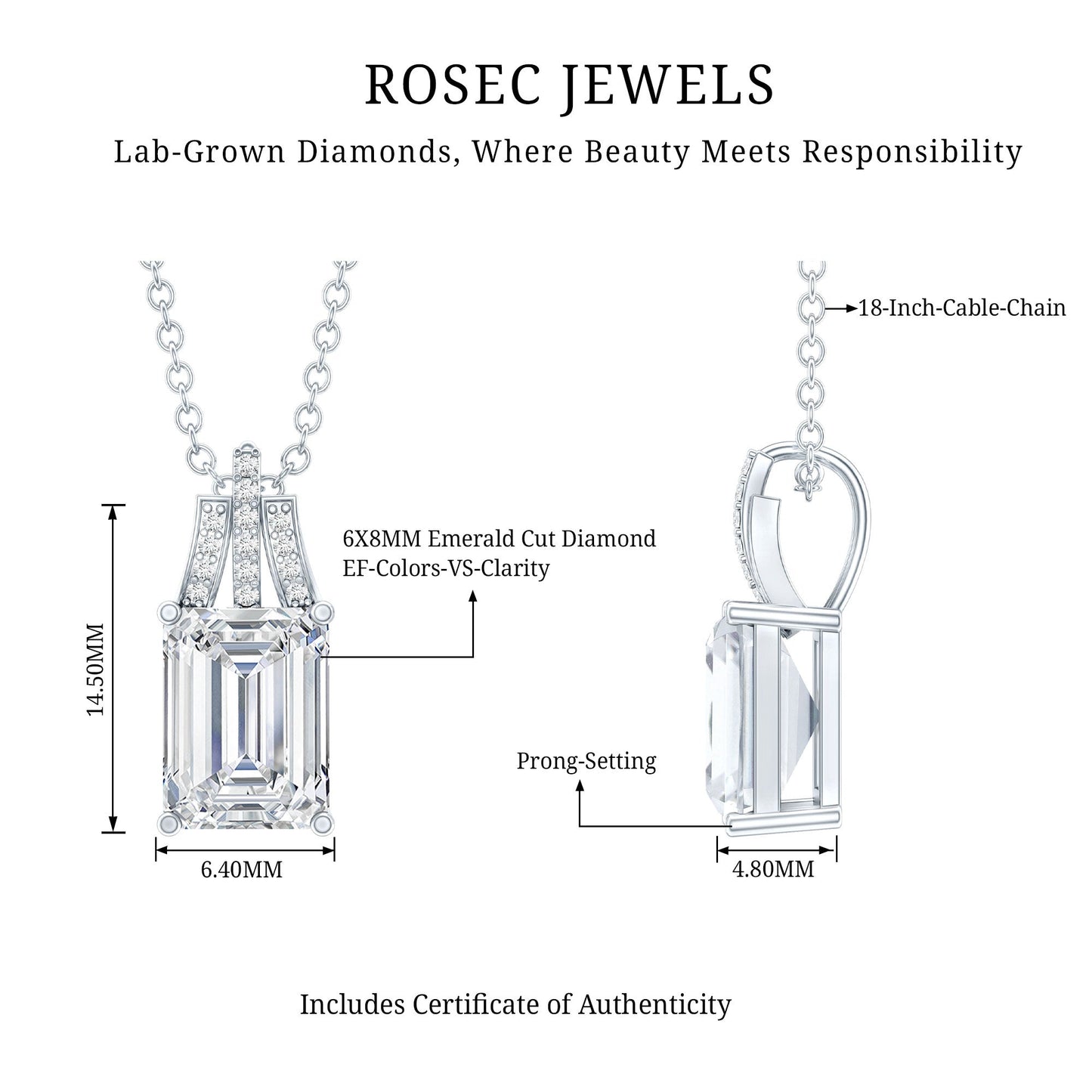 1.8 Carat Solitaire Lab Grown Diamond Emerald Cut Necklace