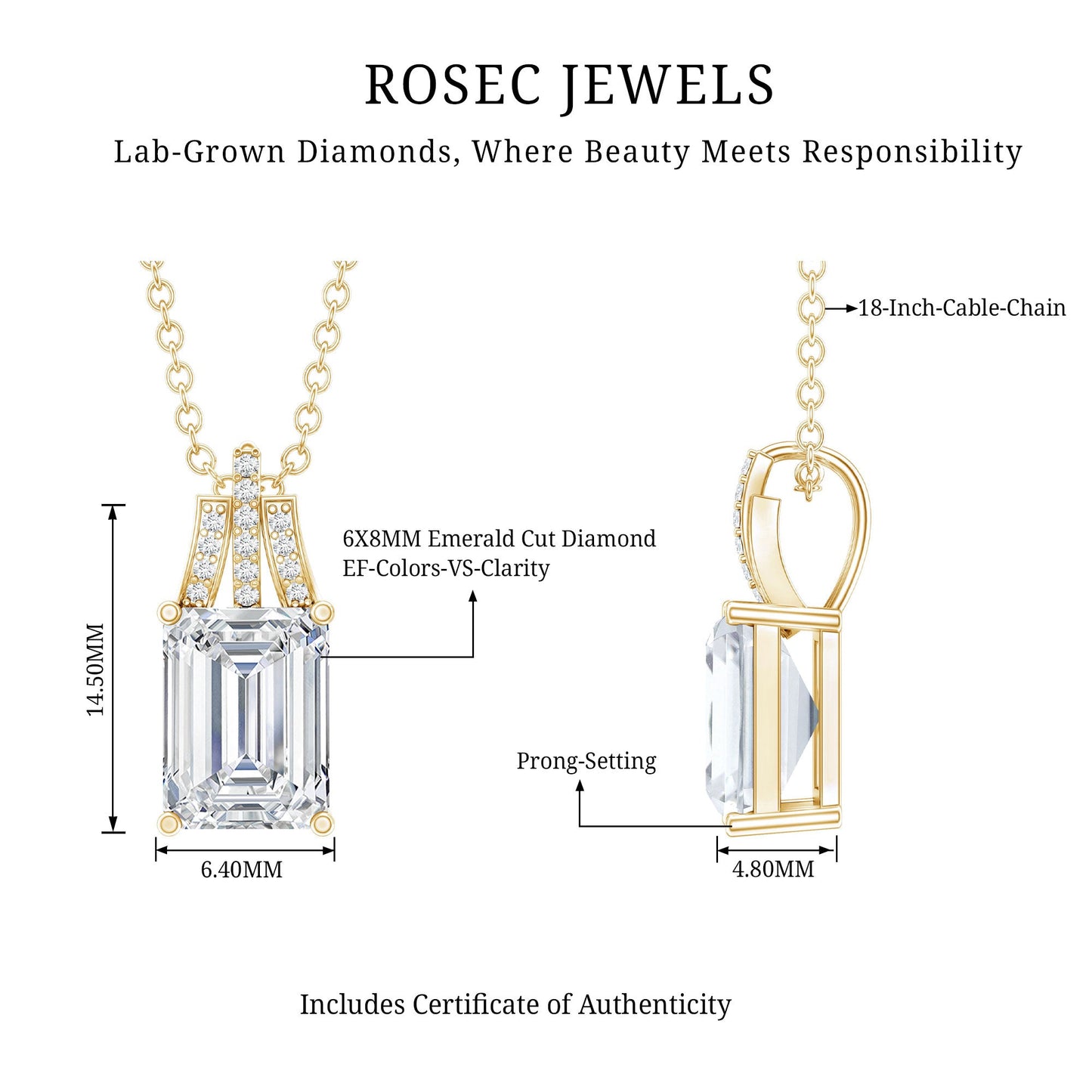 1.8 Carat Solitaire Lab Grown Diamond Emerald Cut Necklace