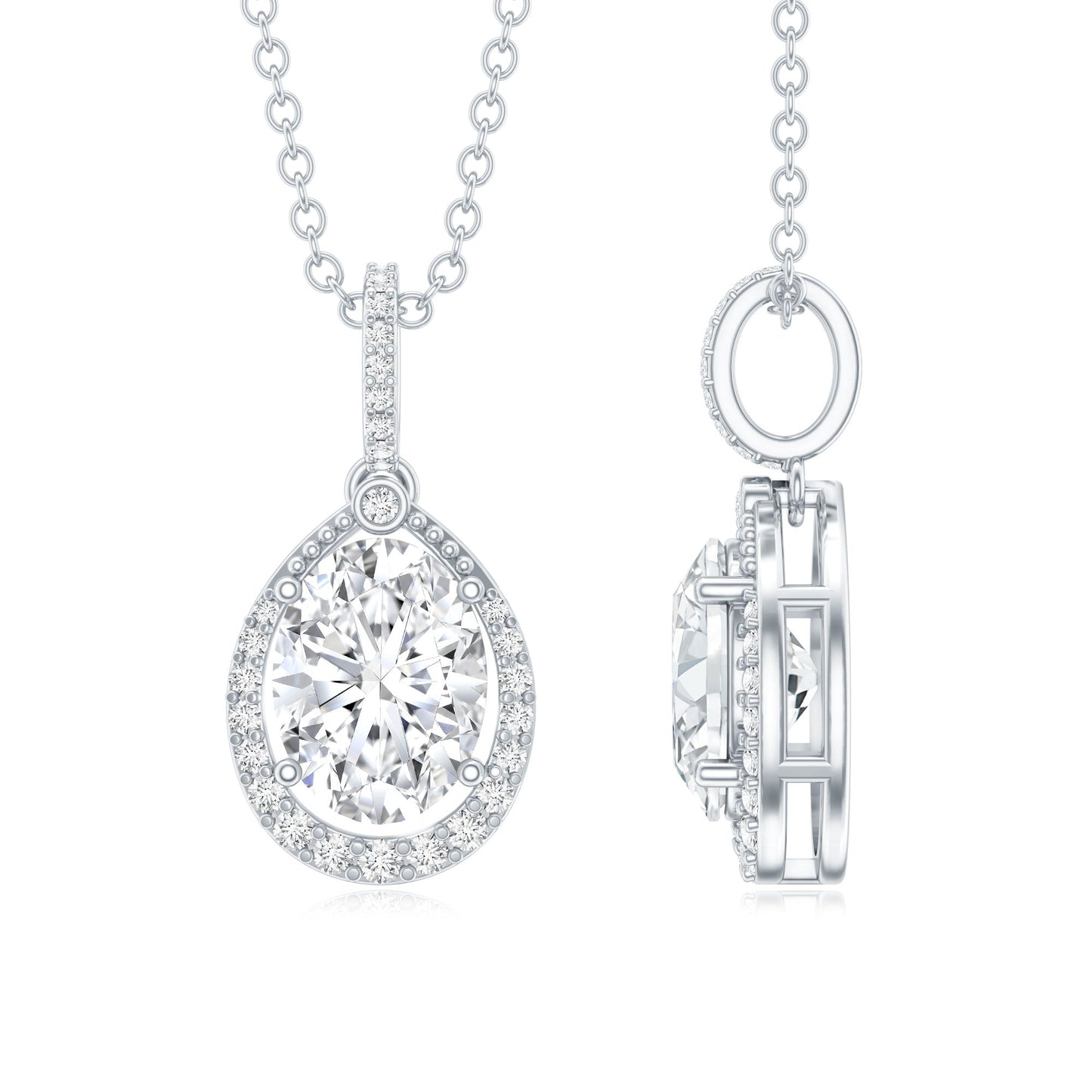 1 Carat Oval Lab Grown Diamond Teardrop Halo Necklace For Women