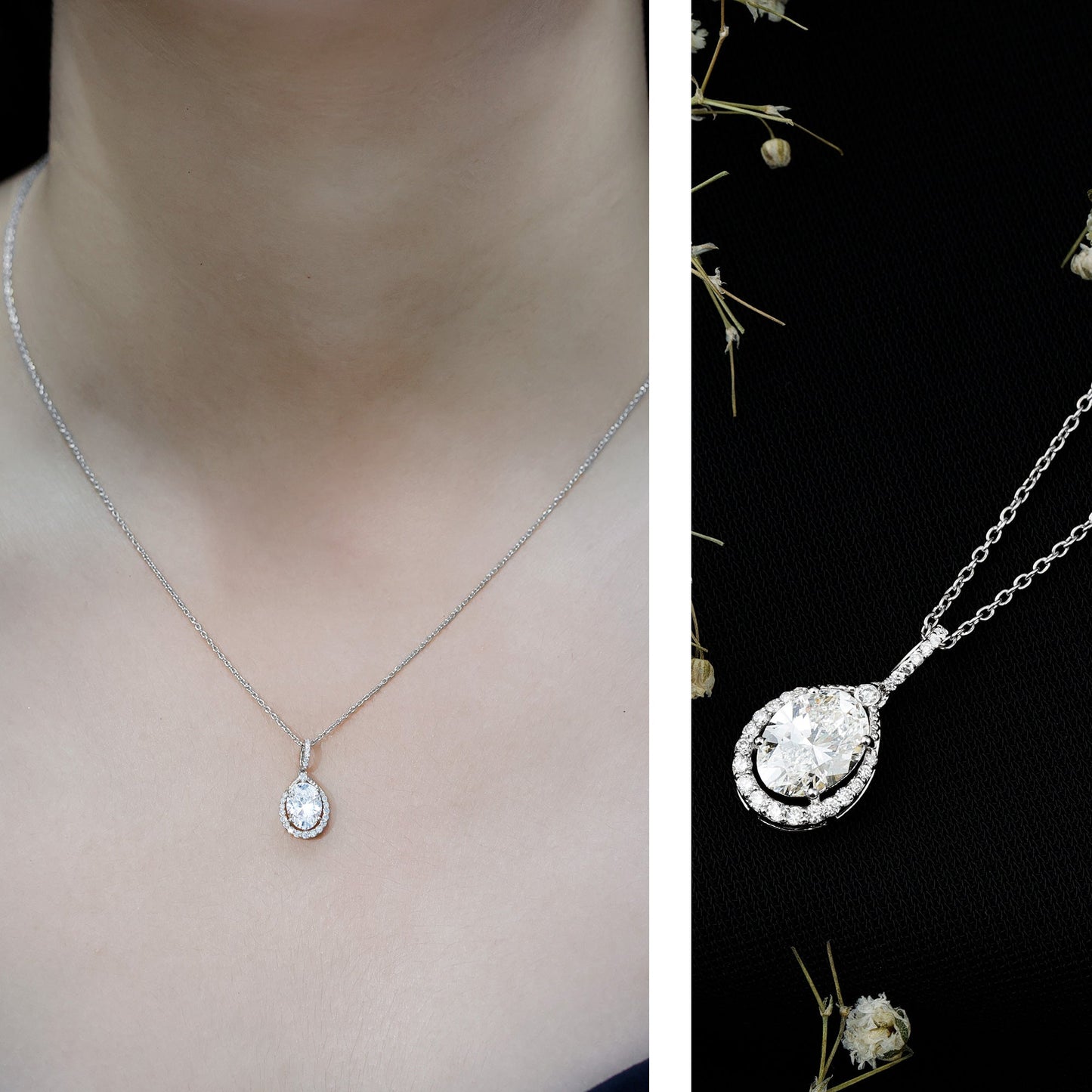 1 Carat Oval Lab Grown Diamond Teardrop Halo Necklace For Women