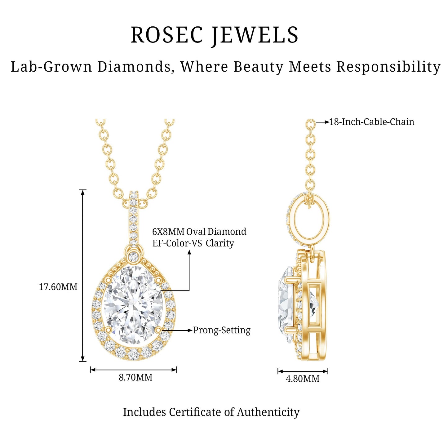 1 Carat Oval Lab Grown Diamond Teardrop Halo Necklace For Women