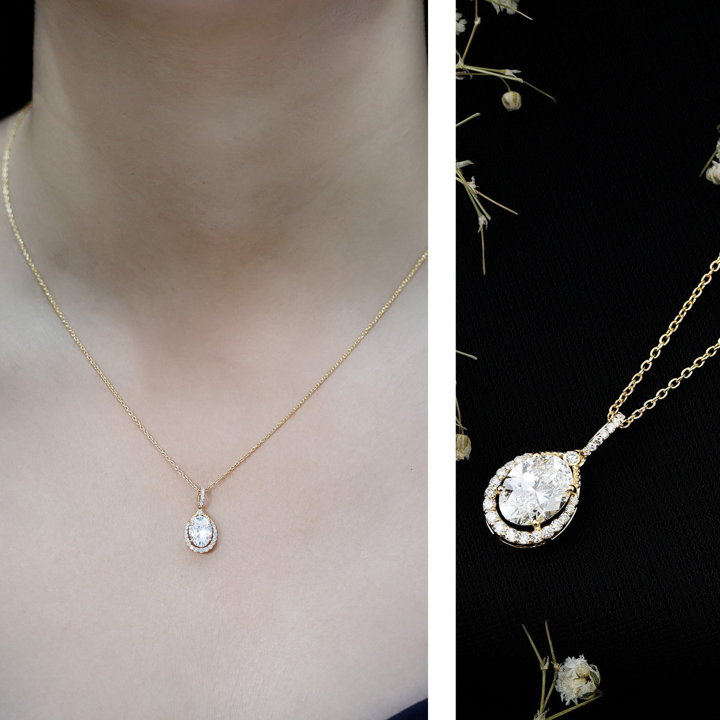 1 Carat Oval Lab Grown Diamond Teardrop Halo Necklace For Women