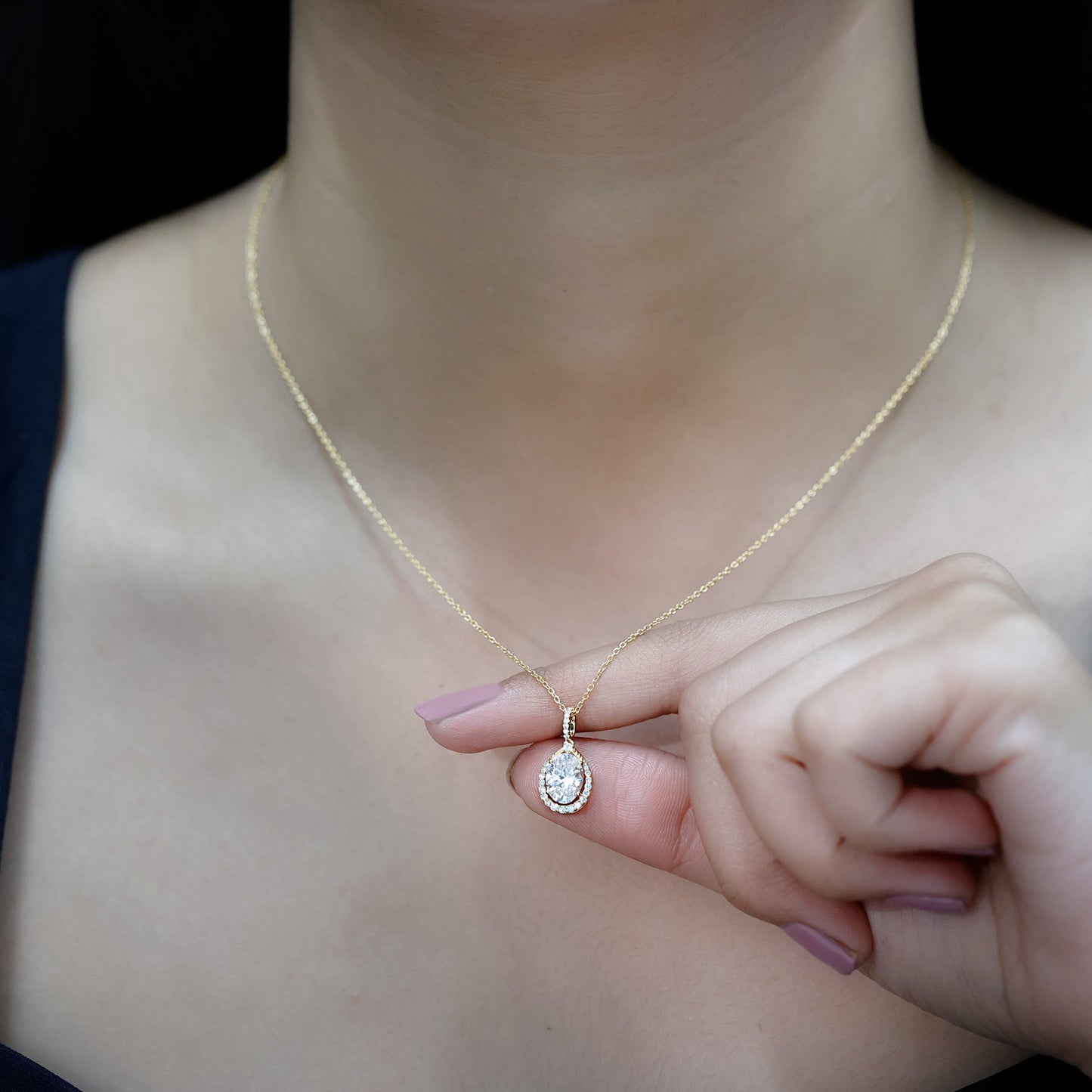 1 Carat Oval Lab Grown Diamond Teardrop Halo Necklace For Women