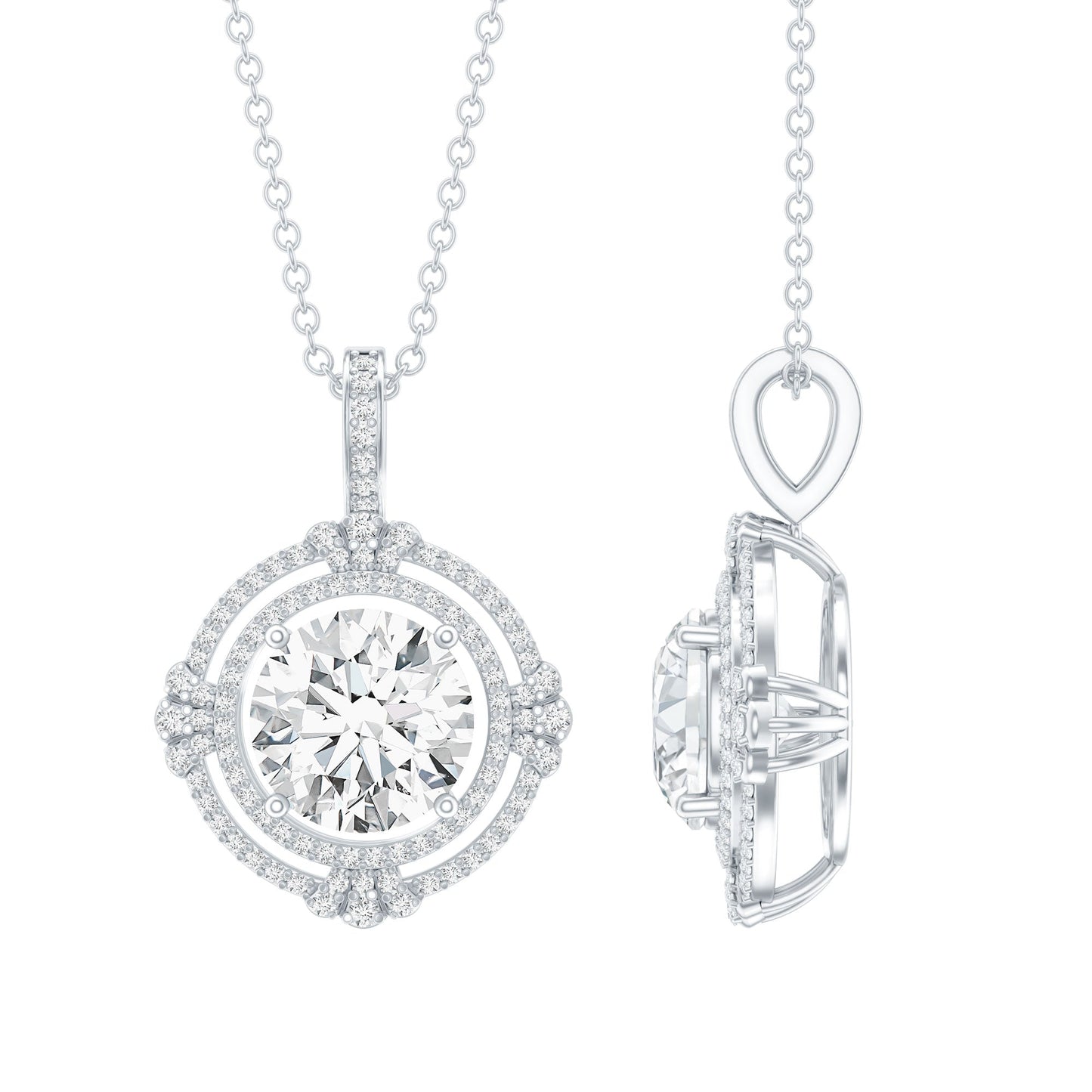 2 Carat Lab Grown Diamond Double Halo Necklace With Decorated Bail