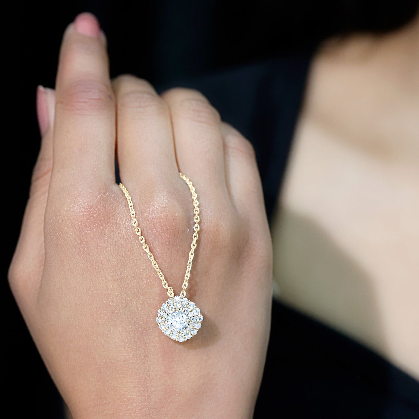 Lab Grown Round Diamond Double Halo Bridal Necklace With Accent