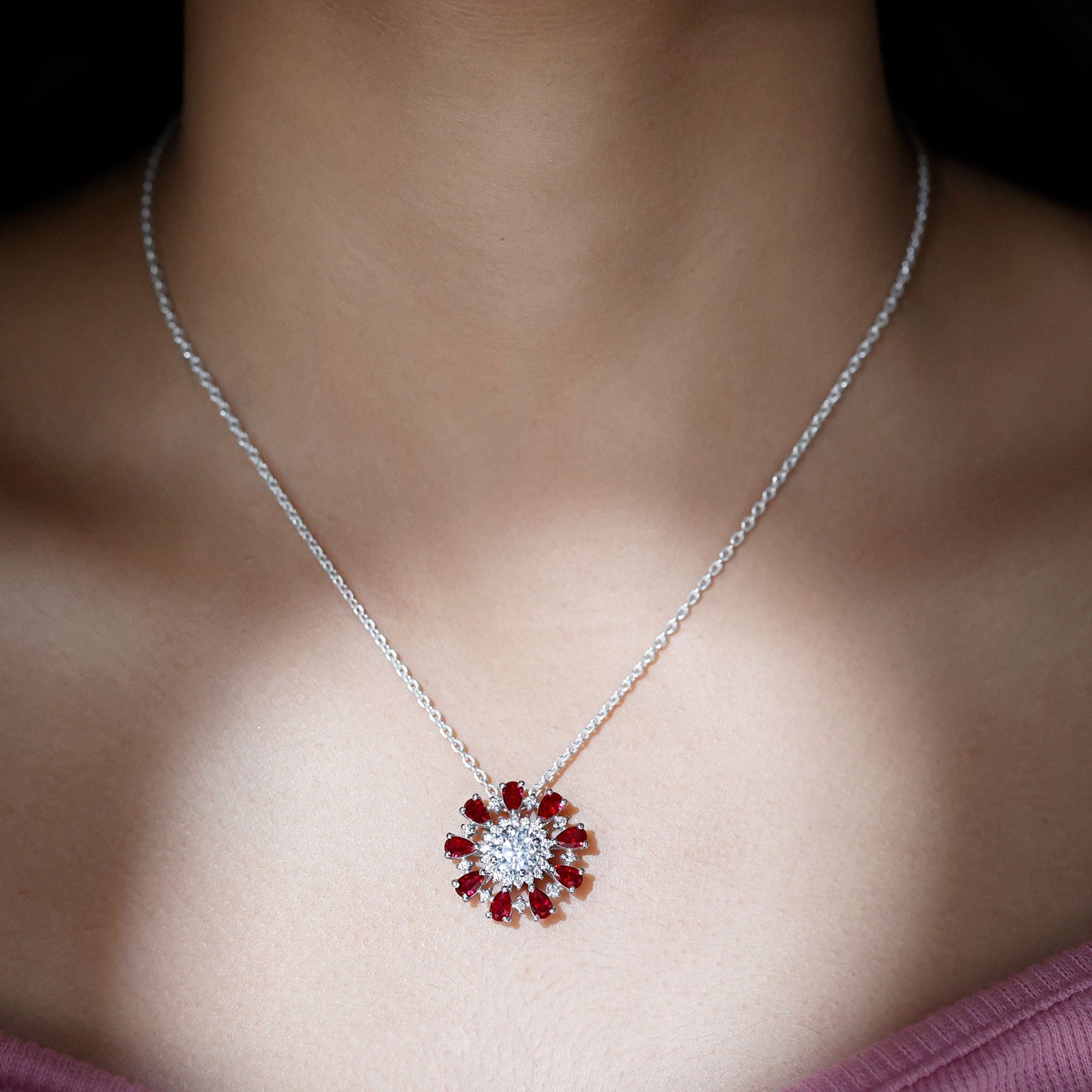 1.2 Carat Lab Grown Diamond Flower Statement Necklace with Ruby