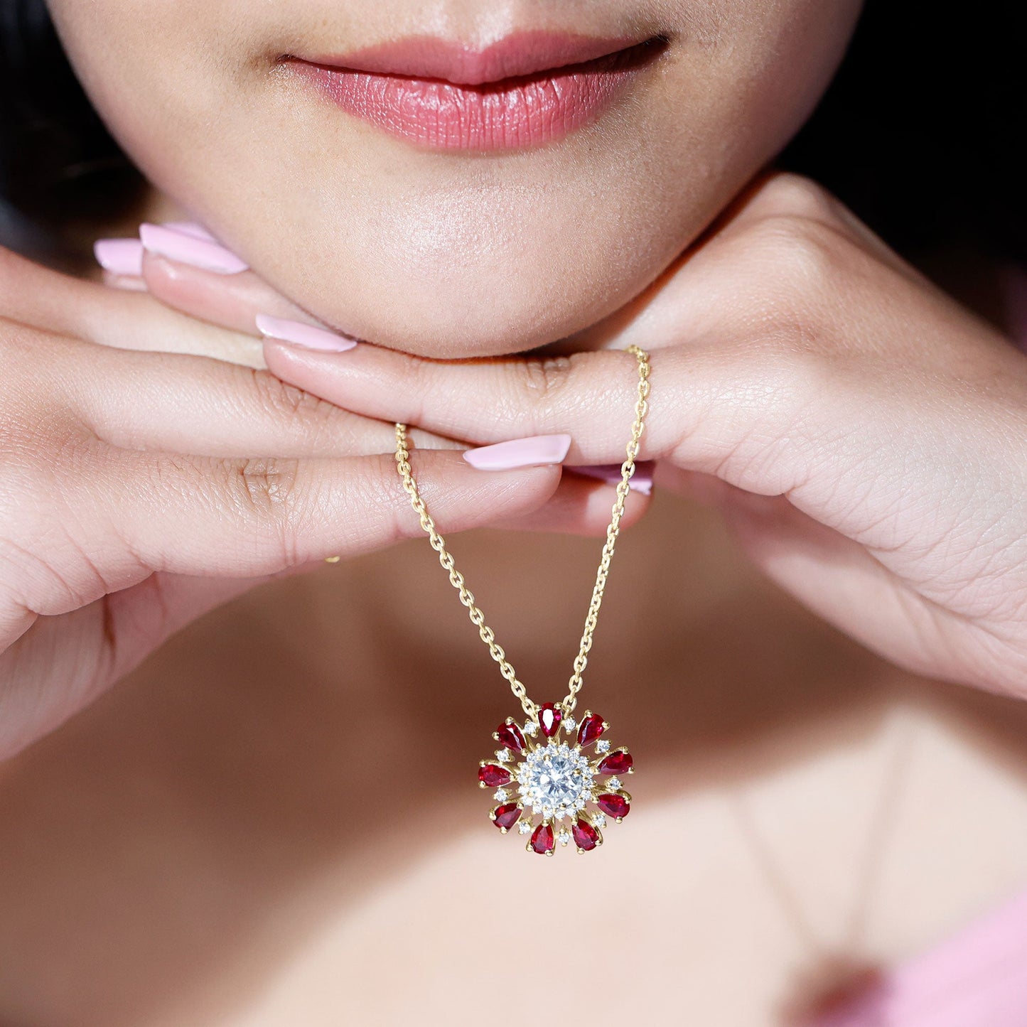 1.2 Carat Lab Grown Diamond Flower Statement Necklace with Ruby
