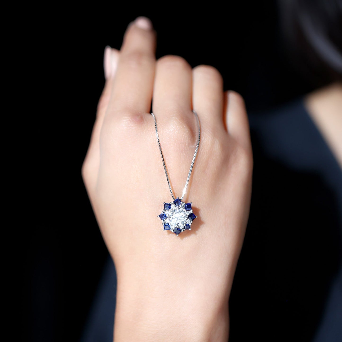 Lab Grown Diamond Art Deco Necklace With Blue Sapphire