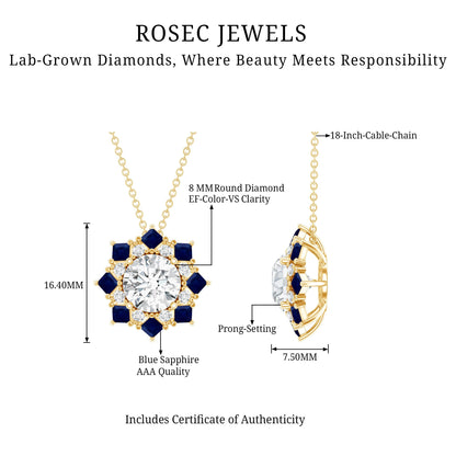 Lab Grown Diamond Art Deco Necklace With Blue Sapphire