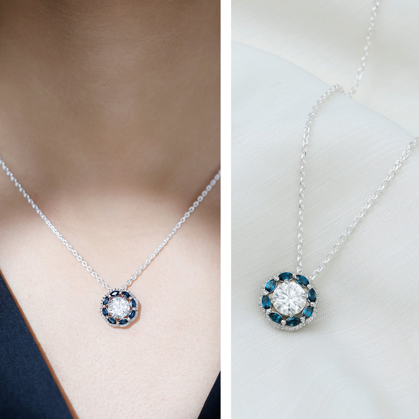 2 Carat Lab Grown Diamond Halo Necklace With London Blue Topaz
