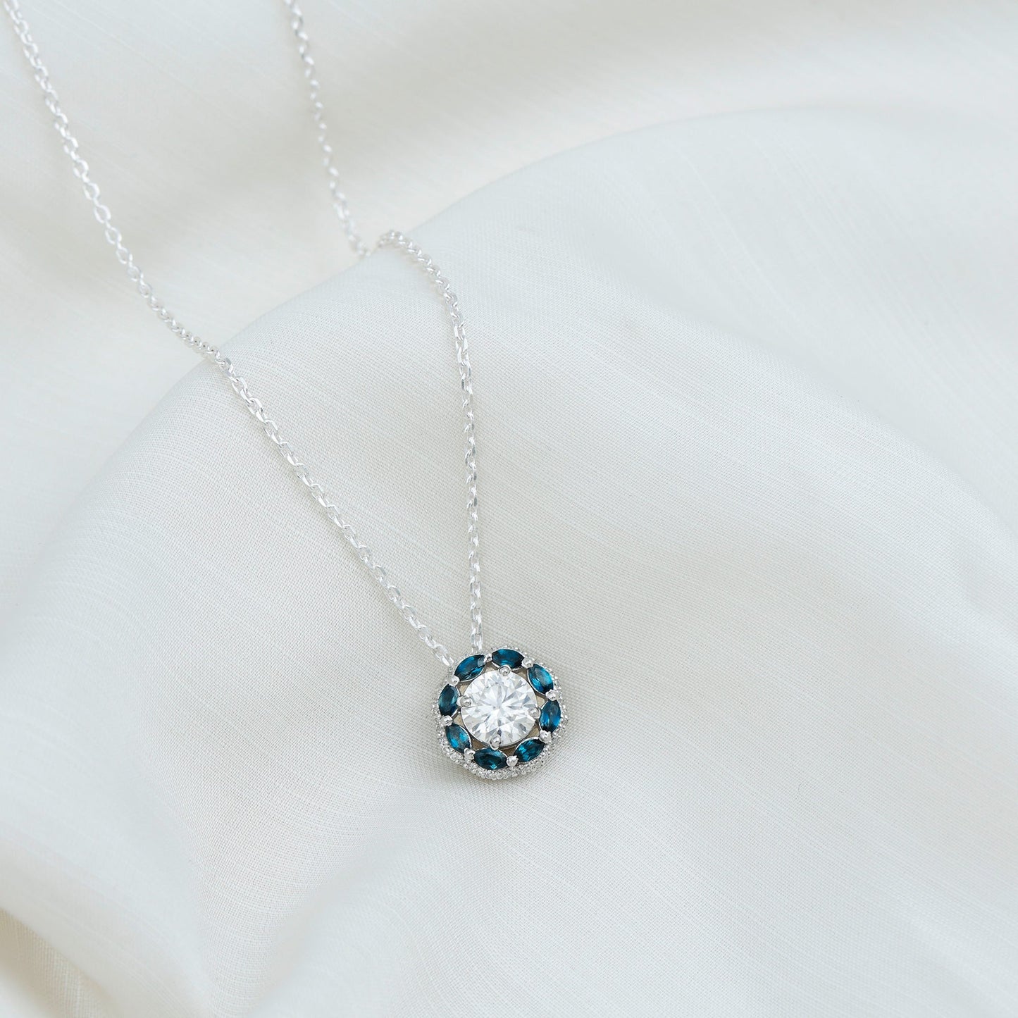 2 Carat Lab Grown Diamond Halo Necklace With London Blue Topaz