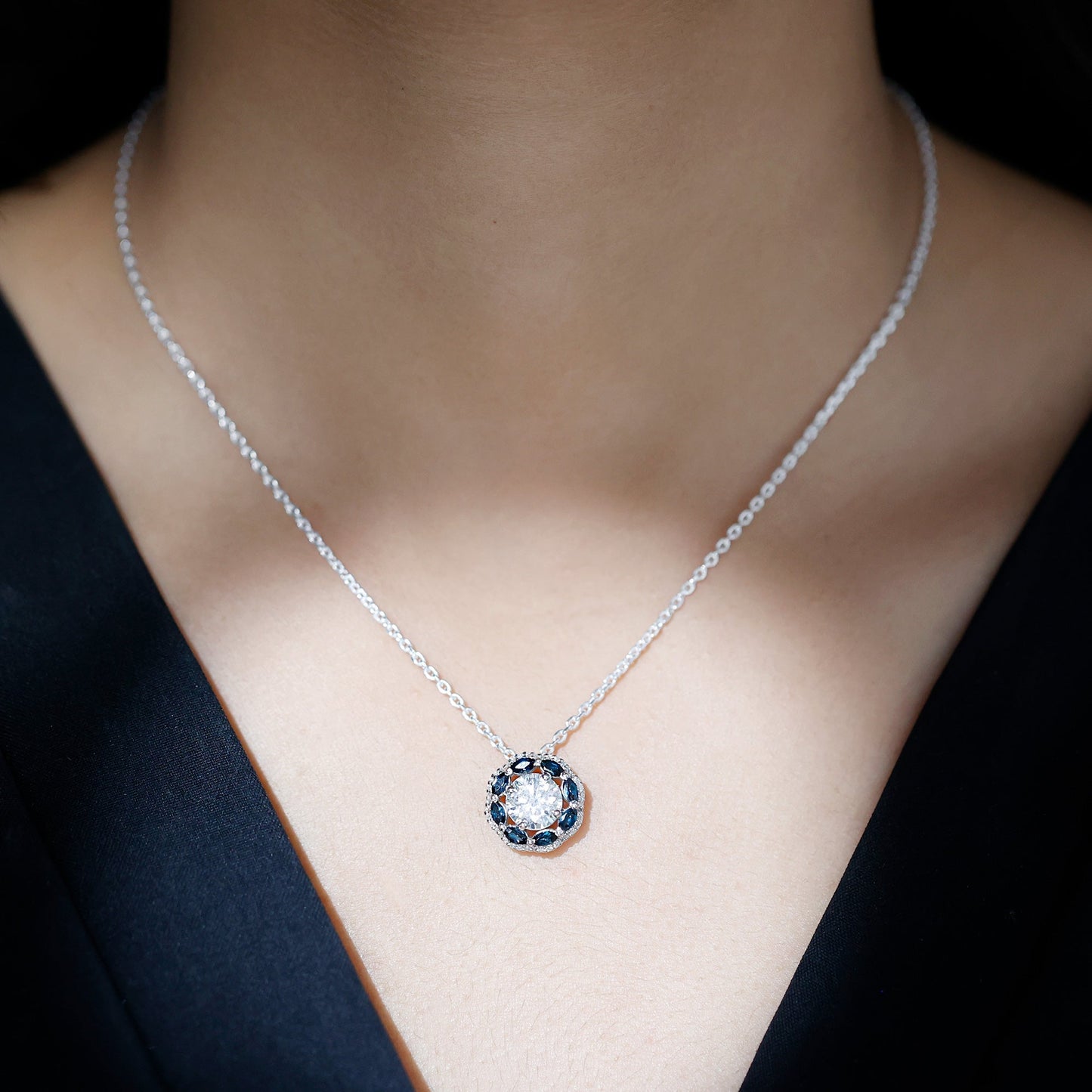 2 Carat Lab Grown Diamond Halo Necklace With London Blue Topaz