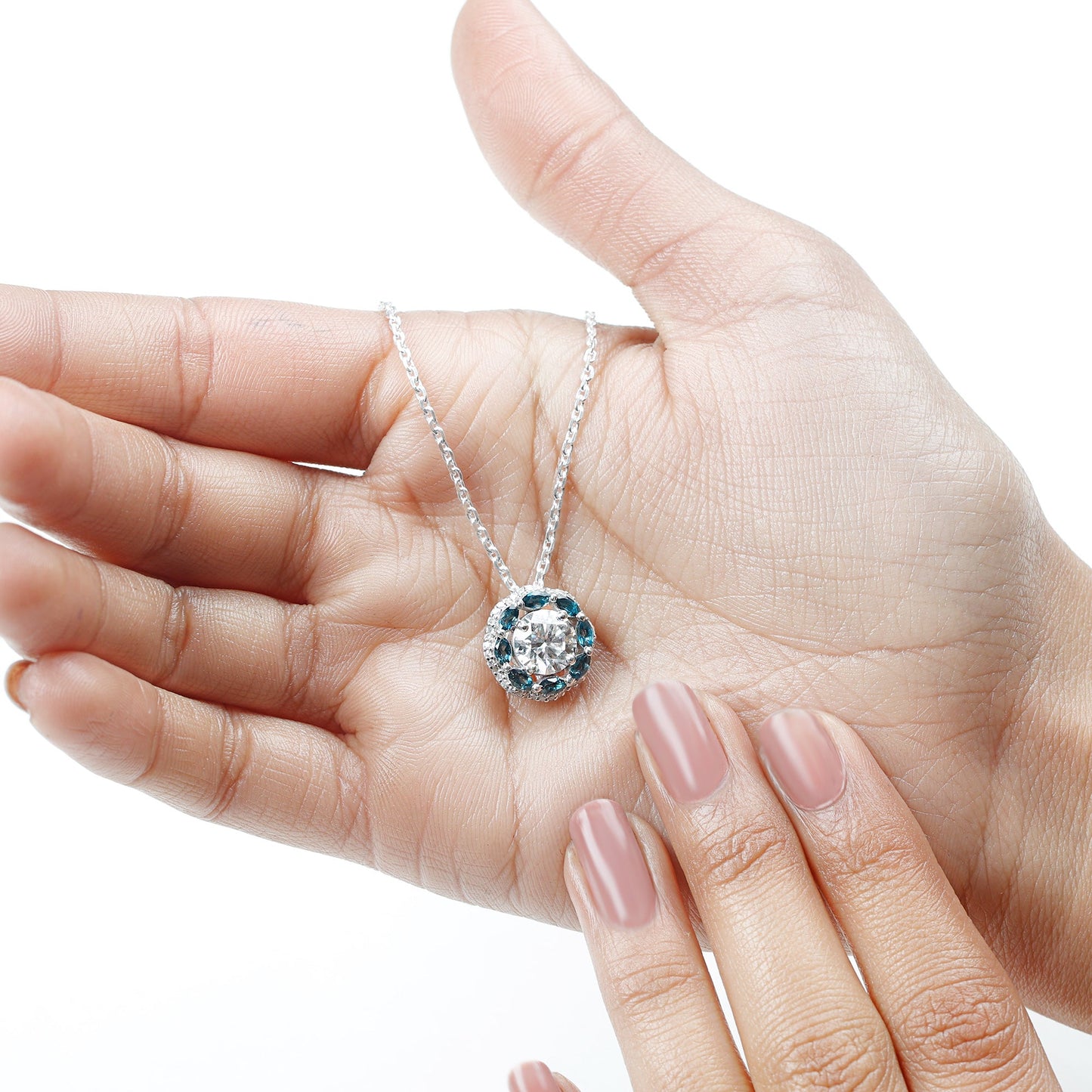 2 Carat Lab Grown Diamond Halo Necklace With London Blue Topaz
