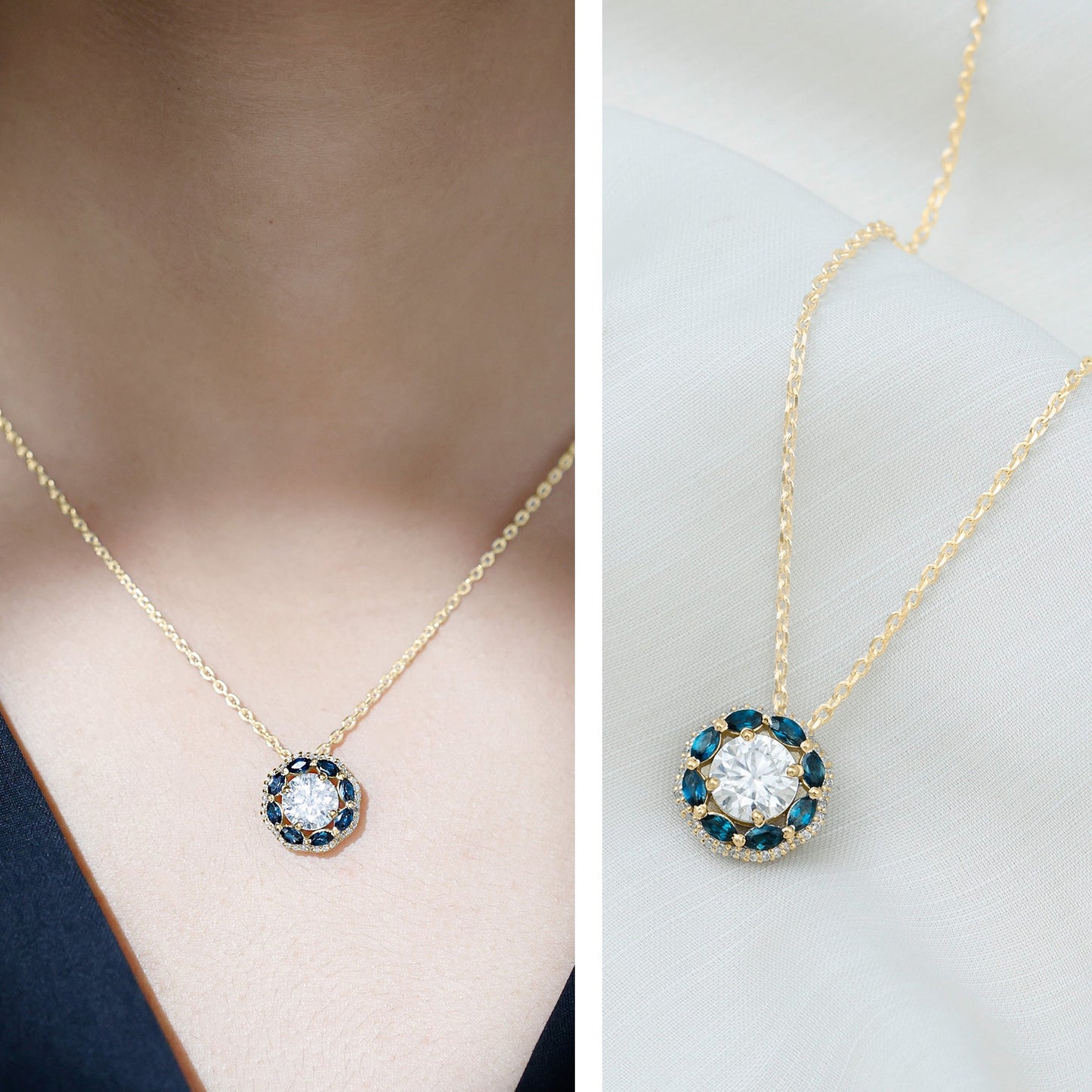 2 Carat Lab Grown Diamond Halo Necklace With London Blue Topaz