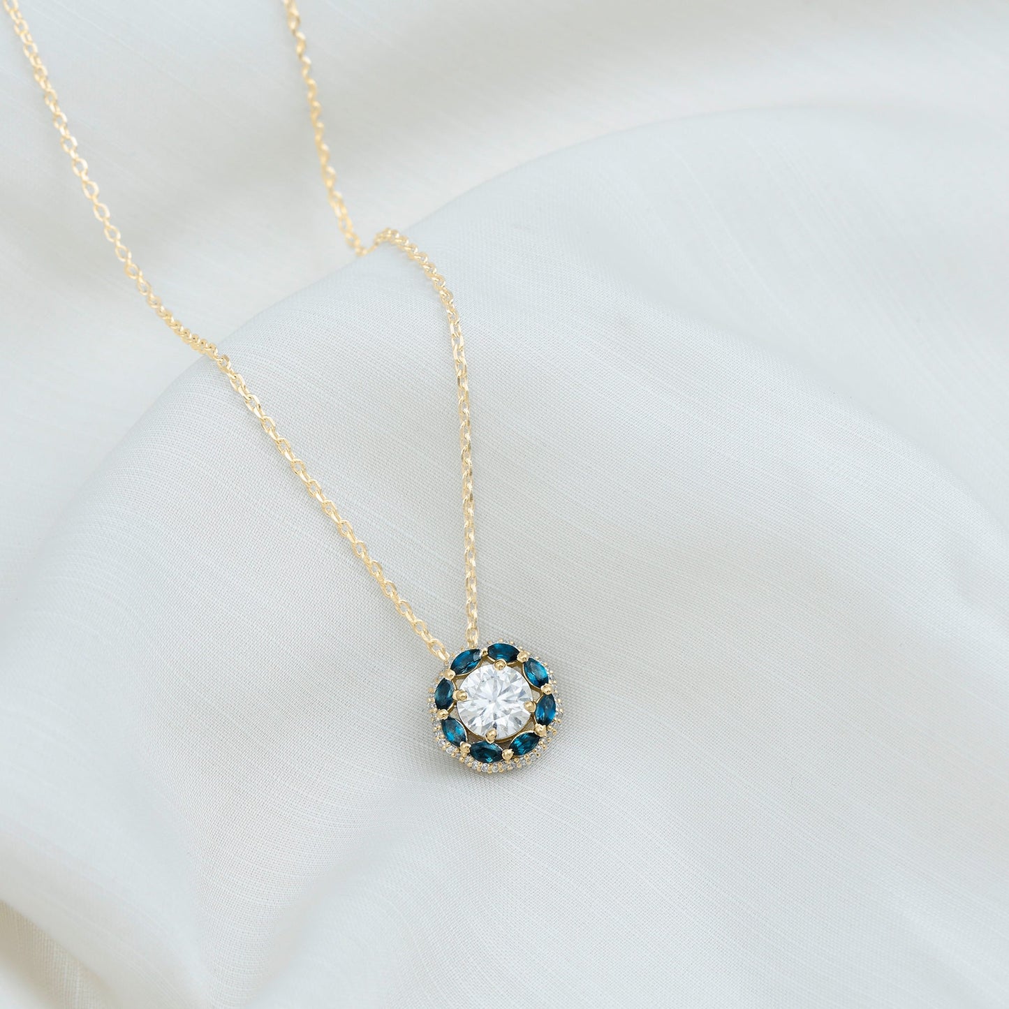 2 Carat Lab Grown Diamond Halo Necklace With London Blue Topaz