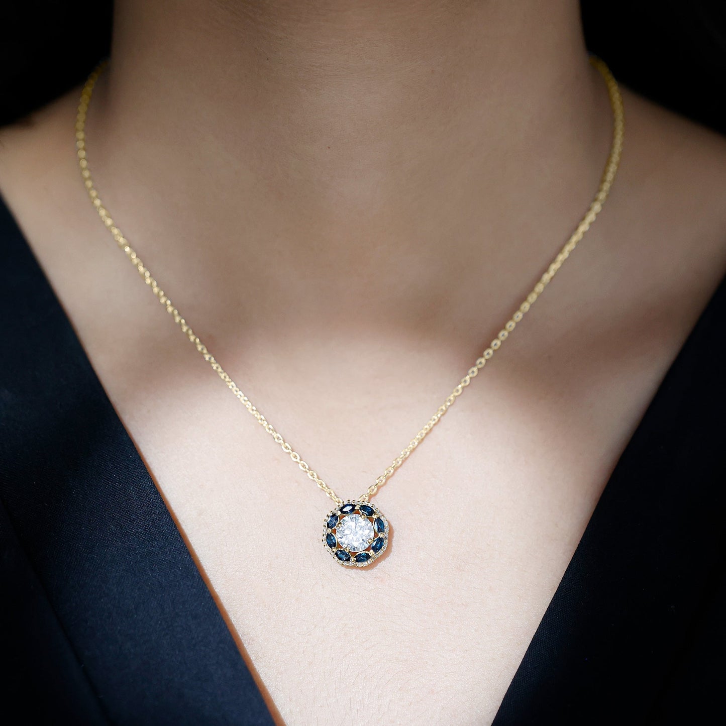 2 Carat Lab Grown Diamond Halo Necklace With London Blue Topaz