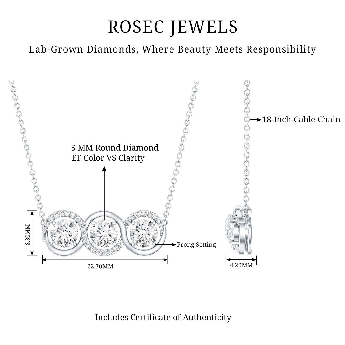 Certified Lab Grown Diamond 3 Stone Necklace For Her