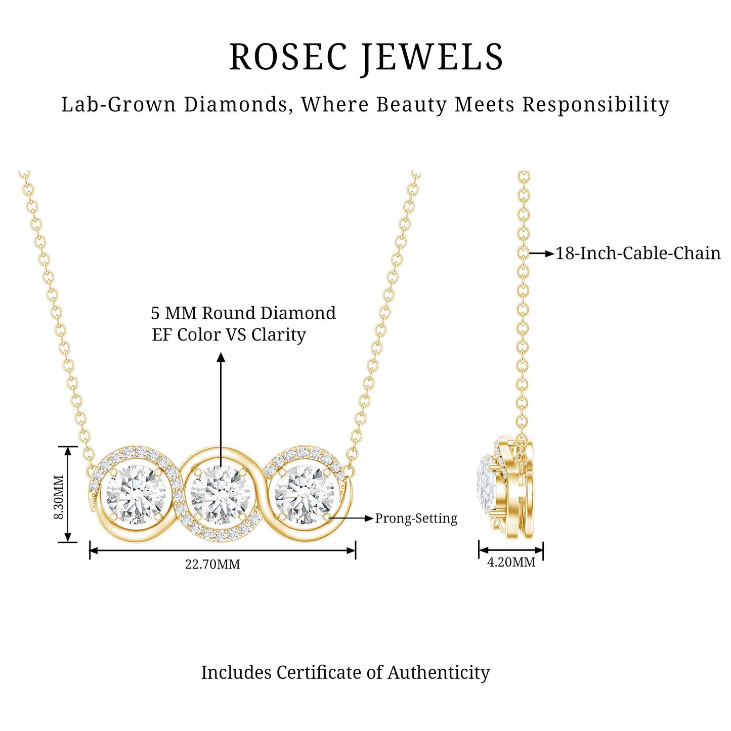 Certified Lab Grown Diamond 3 Stone Necklace For Her