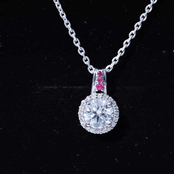 Certified MM Lab Grown Diamond Halo Necklace With Ruby Accent Bail