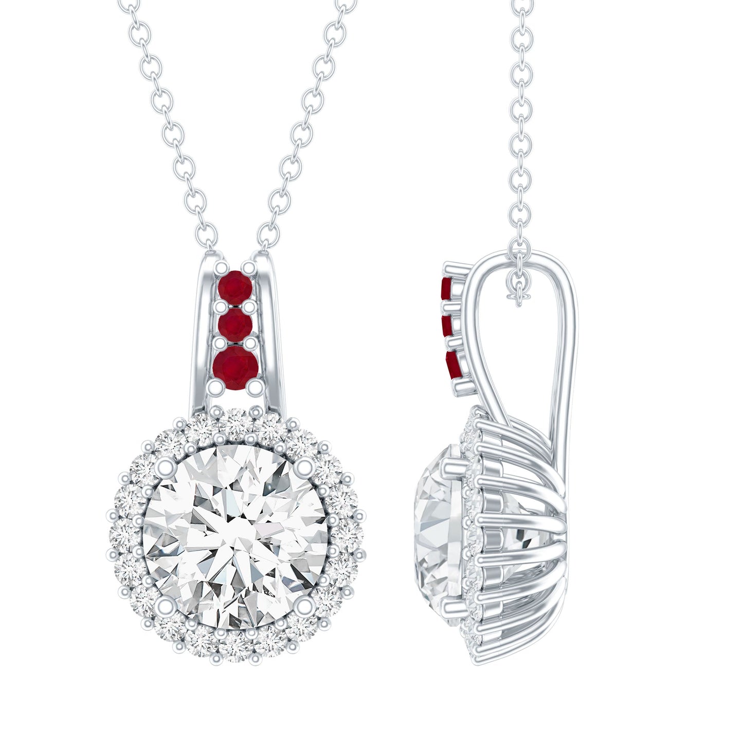 Certified MM Lab Grown Diamond Halo Necklace With Ruby Accent Bail