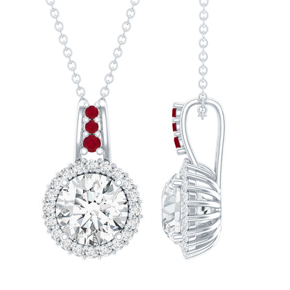 Certified MM Lab Grown Diamond Halo Necklace With Ruby Accent Bail